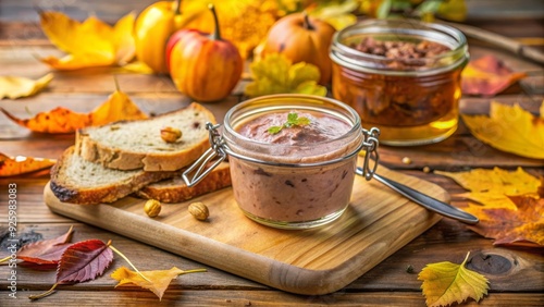  Paté de hígado servido en un frasco de vidrio acompañado de pan fresco, sobre una mesa decorada con calabazas y hojas otoñales. Un aperitivo rústico y delicioso, perfecto para la temporada de otoño. photo