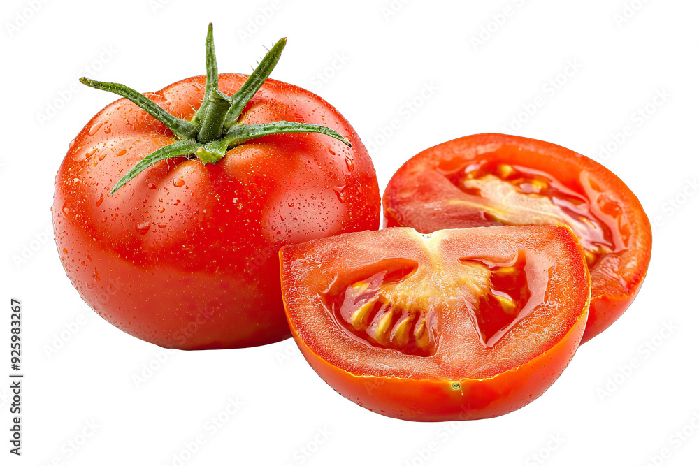 Fresh red tomato with sliced pieces, ideal for food illustrations, recipes, and healthy eating concepts. Fresh red tomato with sliced pieces, ideal for food illustrations, recipes, and healthy eating concepts.