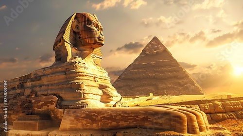 A regal sphinx lying by a golden pyramid, with its lion body and human face exuding ancient wisdom.