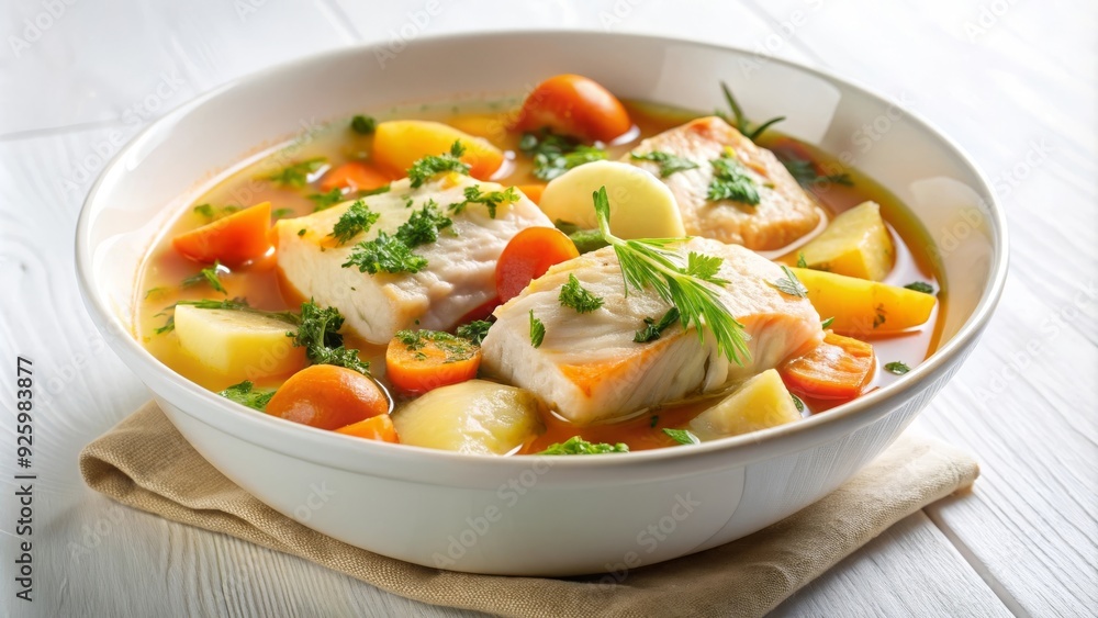 Guiso de pescado servido en un plato blanco sobre una mesa de madera clara, decorado con hierbas frescas. Un plato saludable y sabroso, perfecto para disfrutar de una comida ligera. Guiso de pescado servido en un plato blanco sobre una mesa de madera clara, decorado con hierbas frescas. Un plato saludable y sabroso, perfecto para disfrutar de una comida ligera.