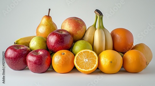 Fototapeta Naklejka Na Ścianę i Meble -  A clean and bright arrangement of assorted unpeeled fruits including apples, bananas, pears, and citrus, carefully presented on a white backdrop