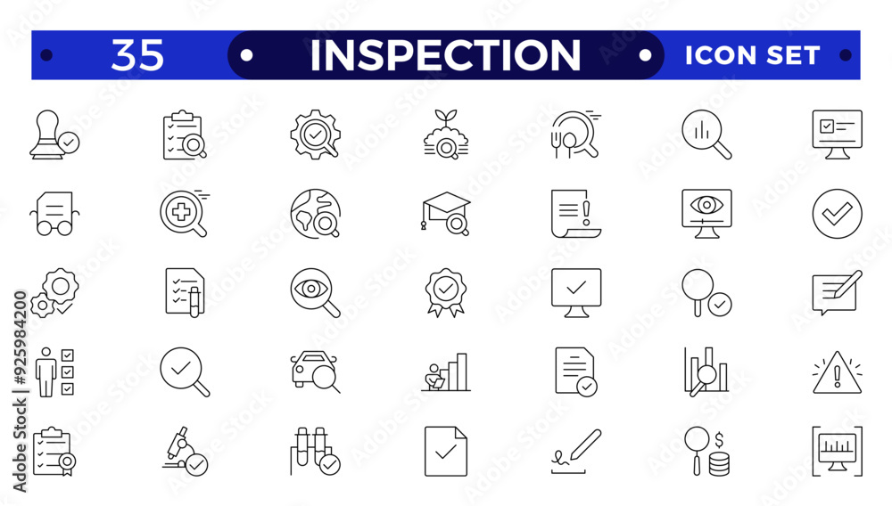 Inspection web icons set in thin line design. Pack of inspection, hire, calculation money, coaching, protection, cooperation, success, task, other outline stroke pictograms. Inspection web icons set in thin line design. Pack of inspection, hire, calculation money, coaching, protection, cooperation, success, task, other outline stroke pictograms.