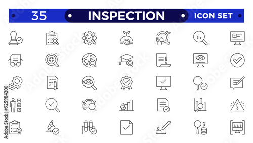 Inspection web icons set in thin line design. Pack of inspection, hire, calculation money, coaching, protection, cooperation, success, task, other outline stroke pictograms.