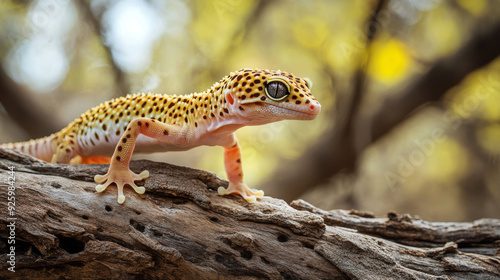 A leopard gecko, also known as Eublepharis macularius, is a type of lizard that has spots on its body. It lives on trees and logs. --ar 16:9 --v 6.1 Job ID: 2b9e90cb-a1fe-43c6-8188-d2d69a785b38 photo