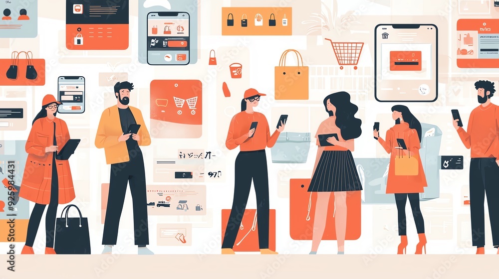 Fototapeta premium A vibrant digital marketplace scene featuring diverse individuals engaged with mobile devices and shopping elements.