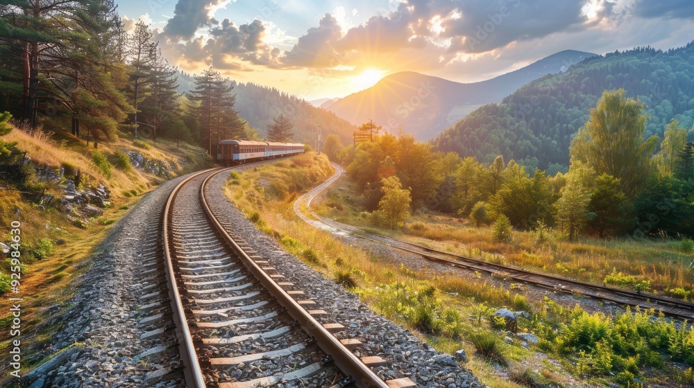 Scenic Mountain Railway Track at Sunset - Travel and Exploration in a Picturesque Landscape Scenic Mountain Railway Track at Sunset - Travel and Exploration in a Picturesque Landscape
