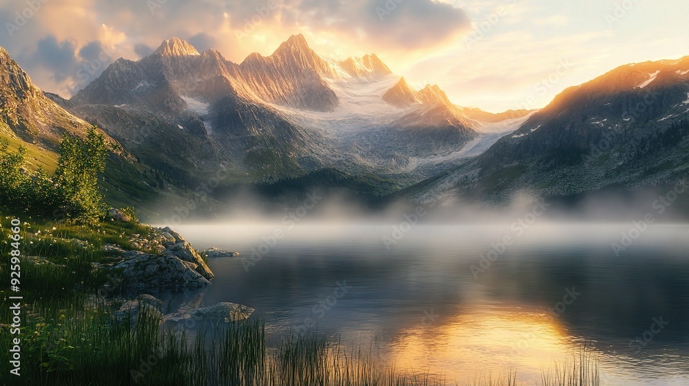 A scenic view of a mountain lake at sunrise, with mist rising from the water and the first light illuminating the peaks A scenic view of a mountain lake at sunrise, with mist rising from the water and the first light illuminating the peaks