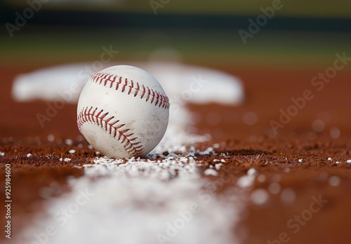 Close-up of baseball on field, line marking, diamond field and homeplate, textured dirt background, red stitching detail,  infield setup