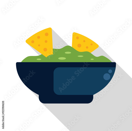 Bowl full of guacamole with two tortilla chips is casting a long shadow