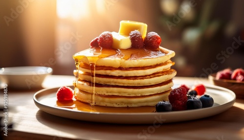 A close-up of a stack of fluffy pancakes topped with butter, berries, and a generous drizzle of maple syrup, with a soft morning light