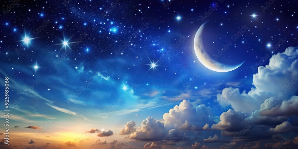 Beautiful night sky with crescent moon and shining stars, moon, stars, night, sky, celestial, astronomy, space, cosmic Beautiful night sky with crescent moon and shining stars, moon, stars, night, sky, celestial, astronomy, space, cosmic