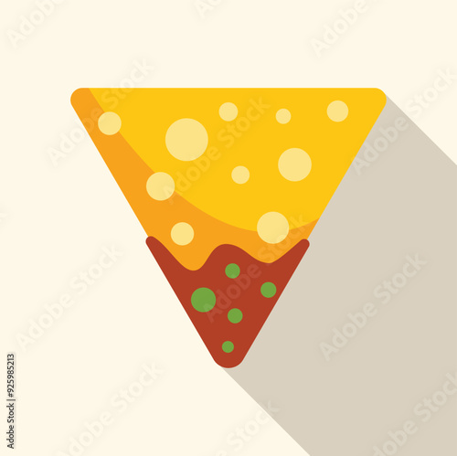 Simple vector illustration of a nacho chip dipped in guacamole and cheese, perfect for representing mexican cuisine or snack concepts