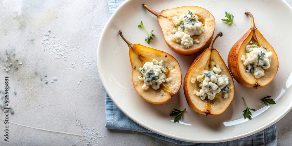 Peras asadas rellenas de queso azul y hierbas frescas, servidas en un plato blanco sobre un fondo claro. Un plato elegante y sabroso, ideal como aperitivo o postre. Peras asadas rellenas de queso azul y hierbas frescas, servidas en un plato blanco sobre un fondo claro. Un plato elegante y sabroso, ideal como aperitivo o postre.