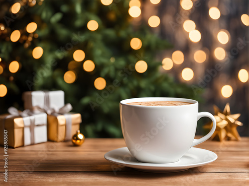 Wallpaper Mural Stylish white cup on wooden table against stylish festive christmas tree with golden lights. Space for text. Cup mock up, christmas advertising product template Torontodigital.ca