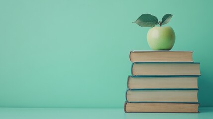 Stack of books with a green apple on top against a mint green background representing education and knowledge