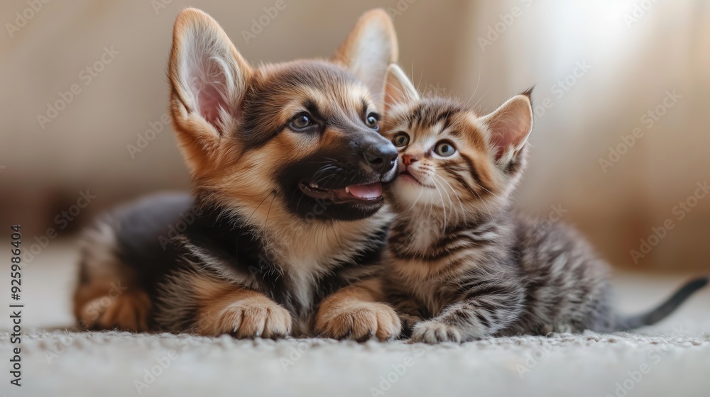 Obraz premium A puppy and a kitten are joyfully playing together on a soft carpet