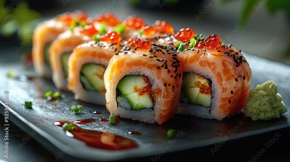 Close-up of a Sushi Roll with Intricate Detailing of Ingredients Close-up of a Sushi Roll with Intricate Detailing of Ingredients
