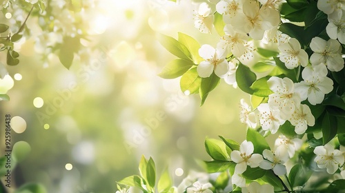 Spring Blossoms in Sunlight: Delicate white flowers in full bloom, bathed in the warm glow of sunlight, creating a serene and vibrant springtime scene.