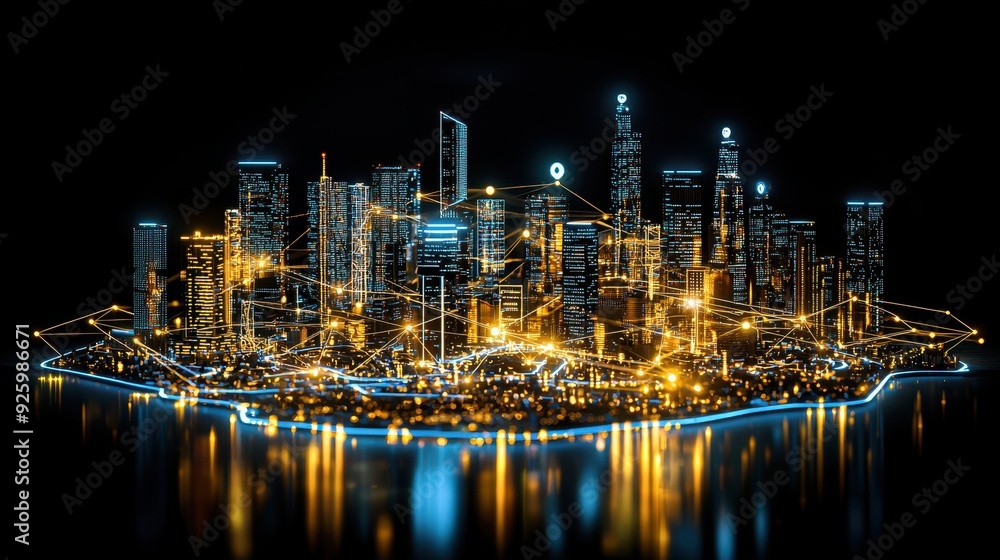 Naklejka premium A vibrant city skyline illuminated at night, showcasing modern architecture and interconnected networks of light.