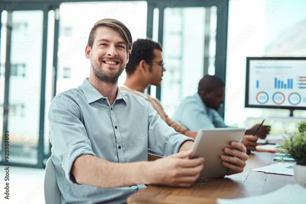 Happy, businessman and portrait in office with tablet by website design company for brand identity. Male employee, screen and statistics in workplace for user analytics, interaction or performance. Happy, businessman and portrait in office with tablet by website design company for brand identity. Male employee, screen and statistics in workplace for user analytics, interaction or performance.