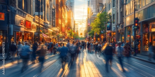 Close-up of bustling city street with vibrant storefronts, pedestrians, and traffic, capturing the energy and dynamism of urban life