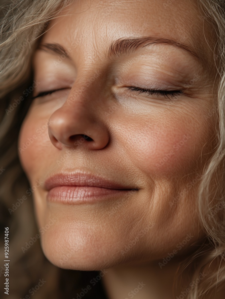 Middle aged mature woman with eyes closed enhoying her agge and glowing healthy skin aging gracefully Middle aged mature woman with eyes closed enhoying her agge and glowing healthy skin aging gracefully