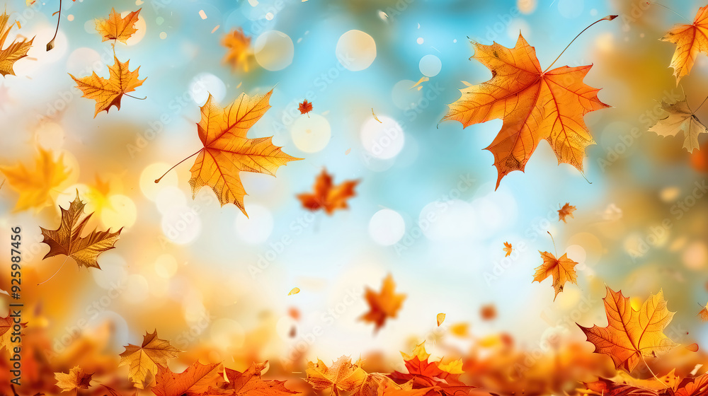 Autumn background with falling leaves blowing in the wind against a blurry background Autumn background with falling leaves blowing in the wind against a blurry background