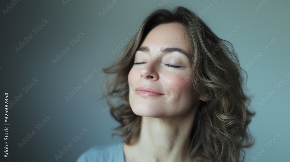 Middle aged mature woman with eyes closed enjoying her age and glowing healthy skin aging gracefully Middle aged mature woman with eyes closed enjoying her age and glowing healthy skin aging gracefully