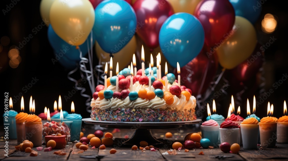 birthday party balloons, colourful balloons background and birthday cake with candles birthday party balloons, colourful balloons background and birthday cake with candles