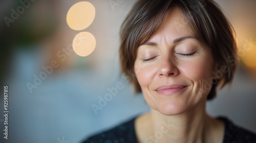 Middle aged mature woman with eyes closed enhoying her agge and glowing healthy skin aging gracefully photo