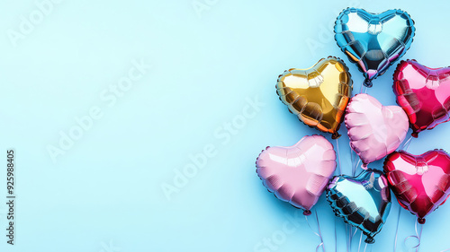 heart shaped balloons on blue pastel background love concept for valentine, wedding, birthday, highly detailed image