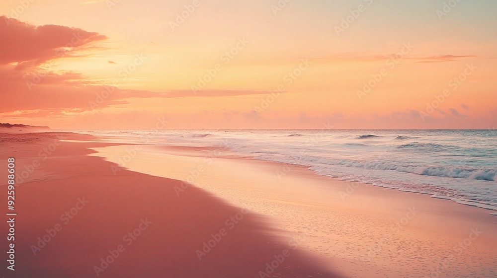 A serene background view of a beach at sunset, with warm oranges and pinks blending into the horizon A serene background view of a beach at sunset, with warm oranges and pinks blending into the horizon
