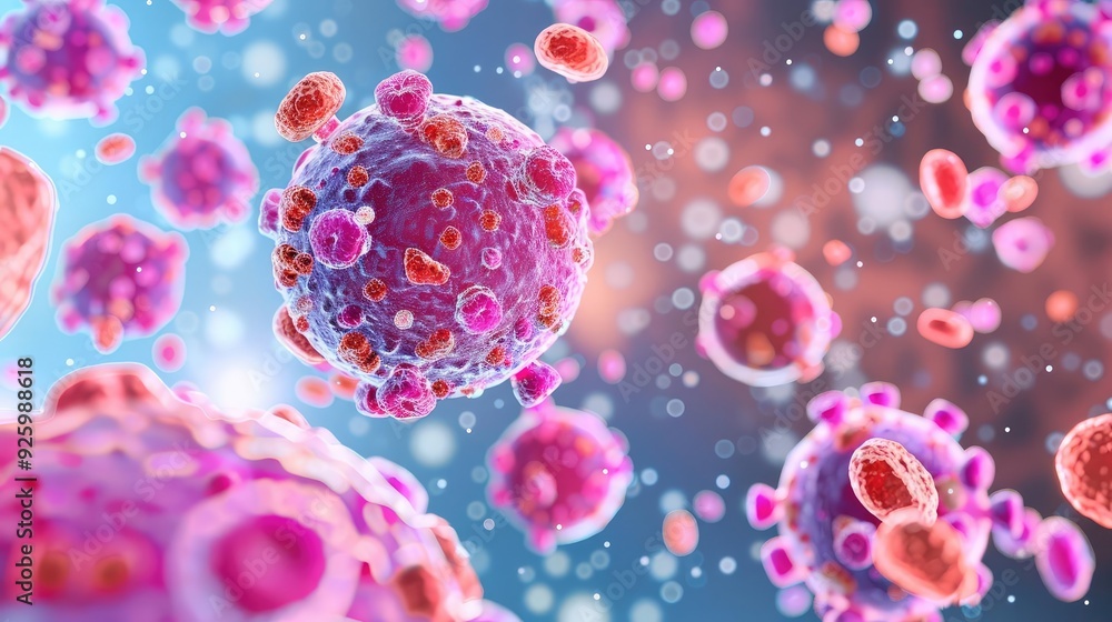 Microscope view of HIV virus cells, a detailed and vibrant depiction of scientific discovery in a laboratory setting Microscope view of HIV virus cells, a detailed and vibrant depiction of scientific discovery in a laboratory setting