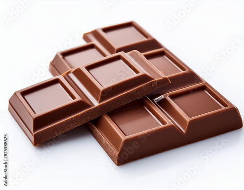 Dark chocolate pieces isolated on white background .