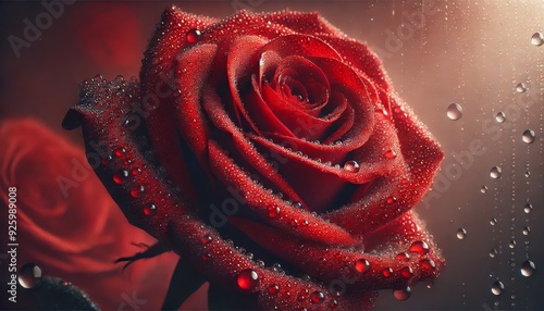 Close-up of a red rose covered in water droplets, with soft lighting and a romantic atmosphere, creating a sense of elegance and beauty #925989008