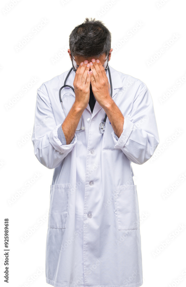 Adult hispanic doctor man over isolated background with sad expression covering face with hands while crying. Depression concept. Adult hispanic doctor man over isolated background with sad expression covering face with hands while crying. Depression concept.