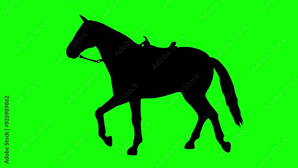 Black silhouette horse walking on the green background. Green screen for compositing and presentation. Black silhouette horse walking on the green background. Green screen for compositing and presentation.