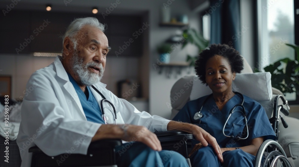 Obraz premium A seasoned doctor engages warmly with a nurse, sharing insights in a contemporary healthcare environment filled with natural light