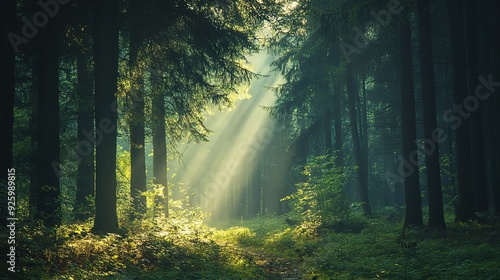 Sunbeams Through Ancient Trees:  A serene forest path is bathed in golden light, casting long shadows through the towering pines. Tranquility and peace permeate the air. photo