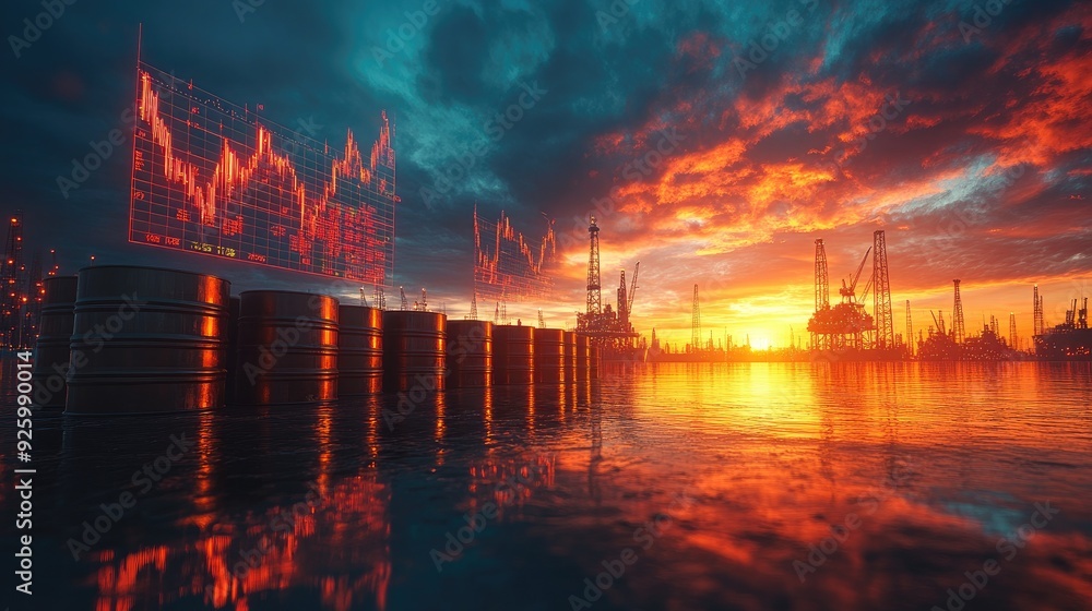 Concept of Oil Trading with Sunset Background Featuring Financial Charts and Data Concept of Oil Trading with Sunset Background Featuring Financial Charts and Data