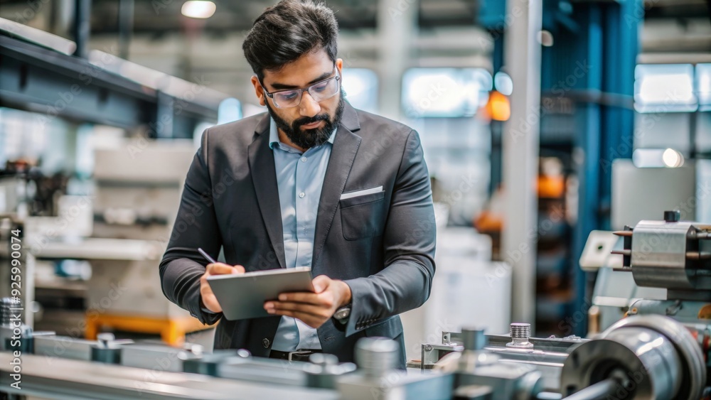 An Indian quality inspector examining parts and machinery in a manufacturing workshop.
An Indian quality inspector examining parts and machinery in a manufacturing workshop.