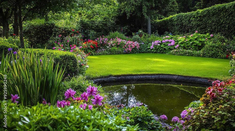 Obraz premium Serene Garden Oasis: Lush greenery, vibrant blooms, and a tranquil pond create a picturesque garden scene. Perfect for relaxation and tranquility. 