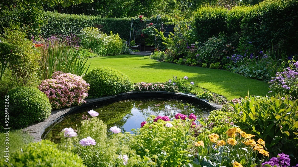 Obraz premium Serene Garden Oasis: A meticulously designed garden boasts a lush, vibrant landscape with a tranquil pond reflecting the sky. The scene evokes a sense of peace, tranquility, and natural beauty.