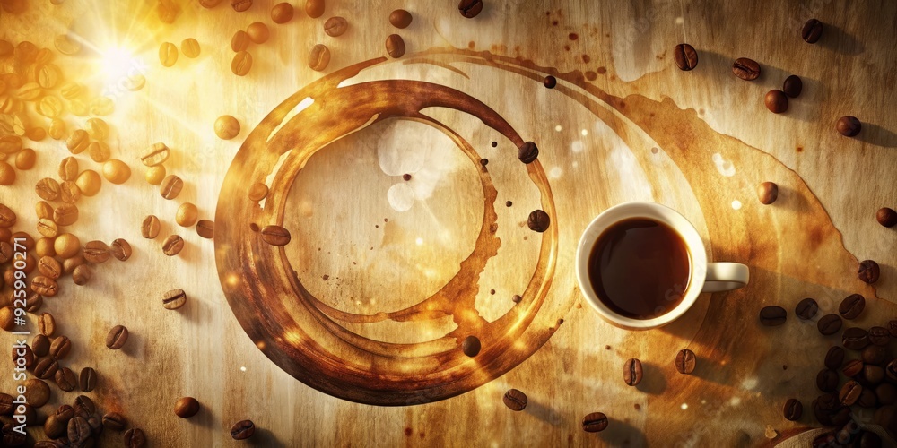 Fototapeta premium coffee ring splatters abstract expressionism morning light warm beige tone analog film grain nostalgic vintage coffee shop ambiance