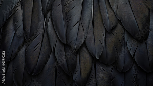 detailed black feather texture background with digital art featuring big bird feathers, high quality image