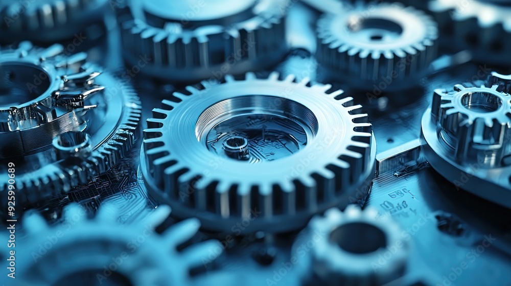 Close-up of Interlocking Metallic Gears in Blue Hues Close-up of Interlocking Metallic Gears in Blue Hues