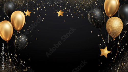 black and gold background with stars and balloons, detailed and intricate image