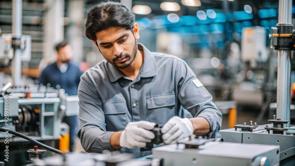 An Indian assembly worker focused on assembling parts and products in a busy manufacturing plant.
An Indian assembly worker focused on assembling parts and products in a busy manufacturing plant.
