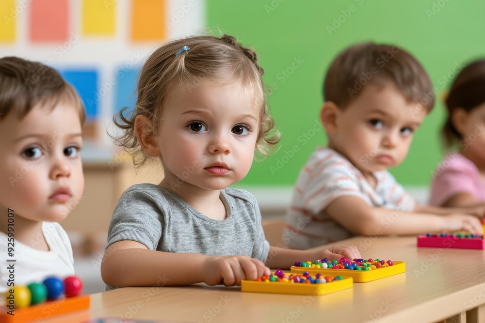 Fototapeta premium A bright classroom scene with children engaged in various learning activities, such as counting with beads or using educational toys, illustrating cognitive development
