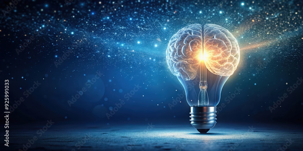Bright idea concept with light bulb and brain inside, glowing particles on dark blue background, innovation Bright idea concept with light bulb and brain inside, glowing particles on dark blue background, innovation